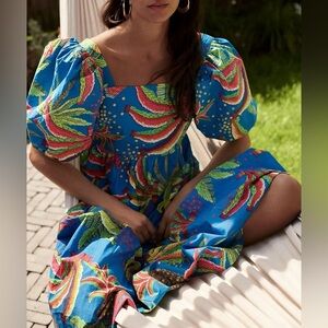Farm Rio Blue Bananas Tropical Blue Puff Sleeve Midi Dress | M